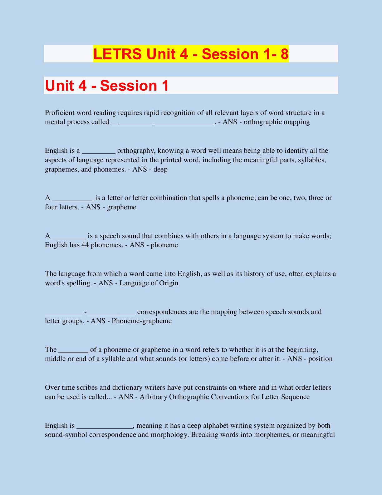 LETRS Unit 4 Session 1 8 Verified 100 Correct Answers